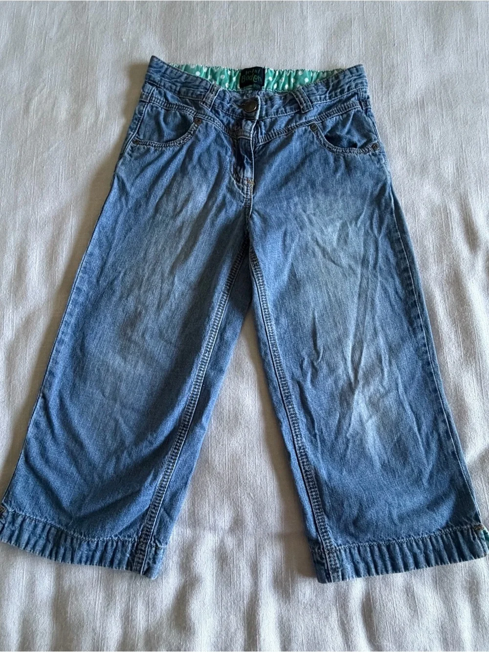 Mini Boden Jeans Girls 9-10Y Blue Straight Adjustable Waist Denim Polka Dot Cuff